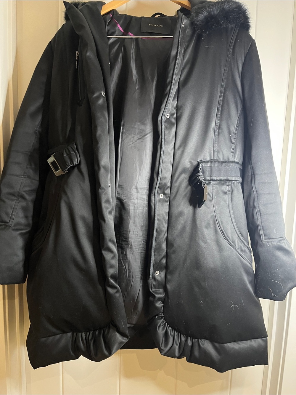 T Tahari Black Hooded Puffer Coat with Faux-Fur Trim